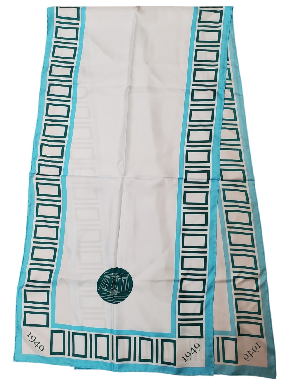 Vntg 100% Silk Scarf Geometric MCM Space Age 1949 Graphic Turquoise Blue. Korea - Picture 3 of 10